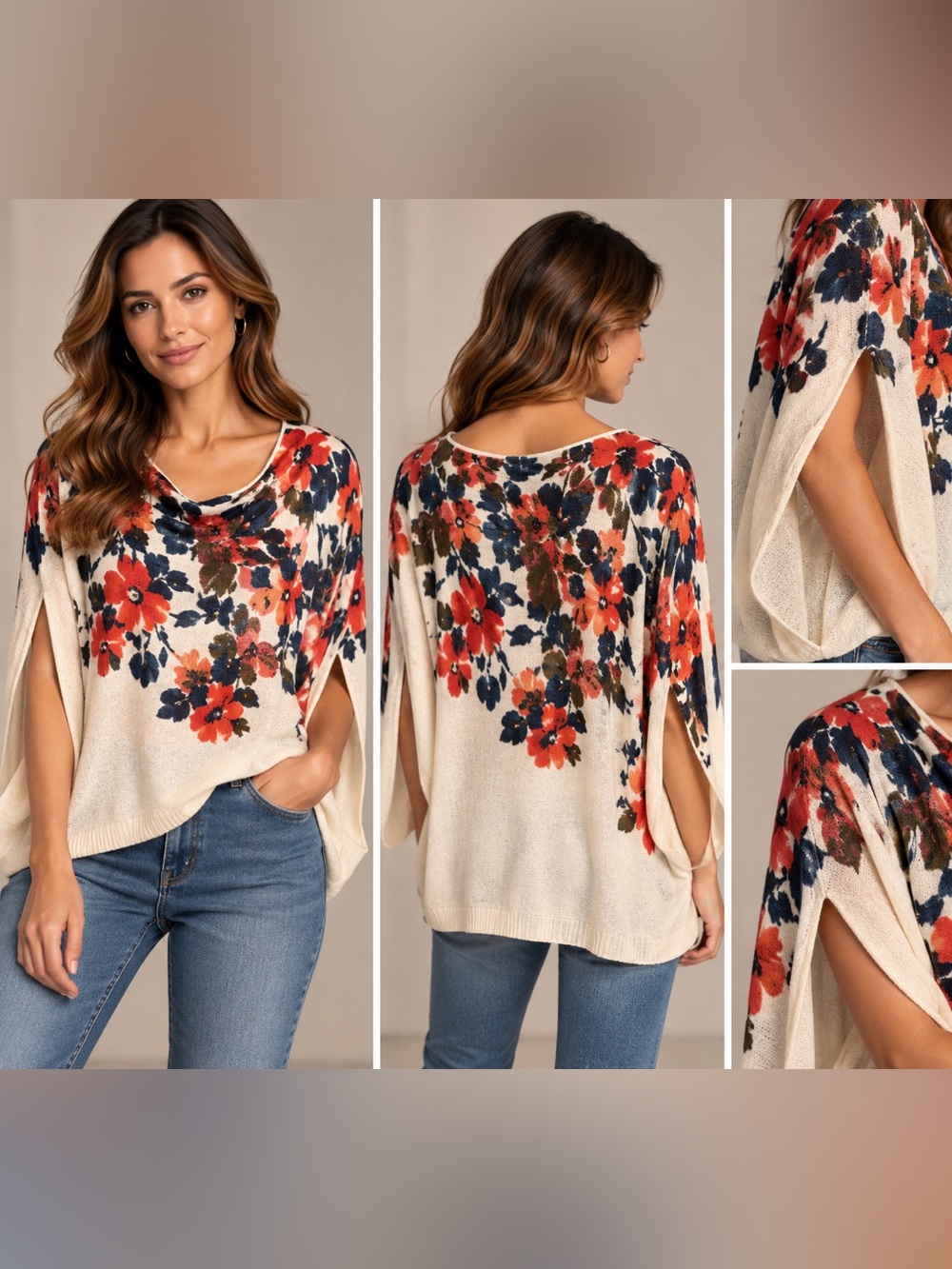 Moth | Anthropologie Cream Floral Open-Sleeve Sweater, Small